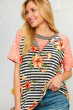 Coral Stripe Print and Floral Raglan Top