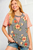 Coral Stripe Print and Floral Raglan Top