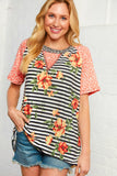 Coral Stripe Print and Floral Raglan Top