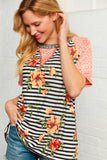 Coral Stripe Print and Floral Raglan Top