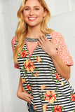 Coral Stripe Print and Floral Raglan Top