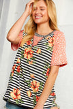 Coral Stripe Print and Floral Raglan Top