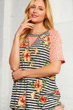 Coral Stripe Print and Floral Raglan Top