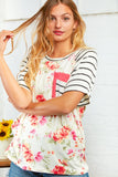 Floral Stripe Double Pocket Raglan Top