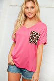 Leopard Half and Half Color Block Pocket Top