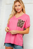 Leopard Half and Half Color Block Pocket Top