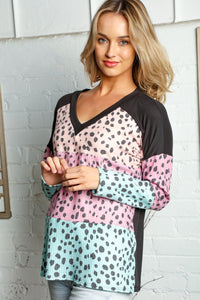 Waffle Leopard Print Color Block V Neck Top