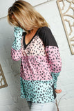 Waffle Leopard Print Color Block V Neck Top