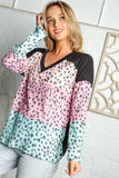 Waffle Leopard Print Color Block V Neck Top