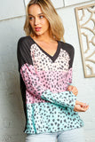 Waffle Leopard Print Color Block V Neck Top