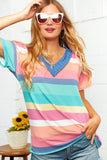 Multi Stripe French Terry Out Seam V Neck Top