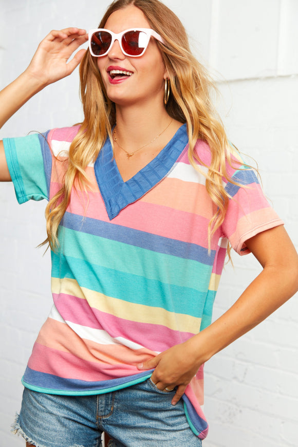 Multi Stripe French Terry Out Seam V Neck Top