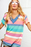 Multi Stripe French Terry Out Seam V Neck Top