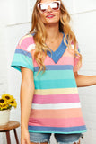 Multi Stripe French Terry Out Seam V Neck Top