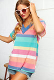 Multi Stripe French Terry Out Seam V Neck Top