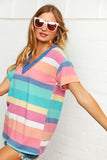 Multi Stripe French Terry Out Seam V Neck Top