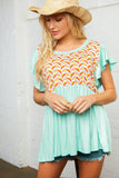 Geo Yoke Ruffle Sleeve Rib Babydoll Top