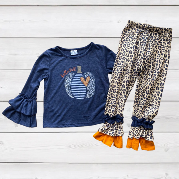 Hello Fall Indigo Pumpkin Leopard Heart Outfit (FSP2007)-sparkledots-sparkledots