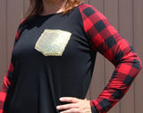 Sequined Pocket Plaid Raglan Black Top