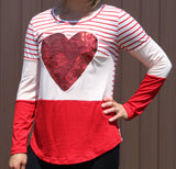 Red Heart Sequins Striped Long Sleeve Top