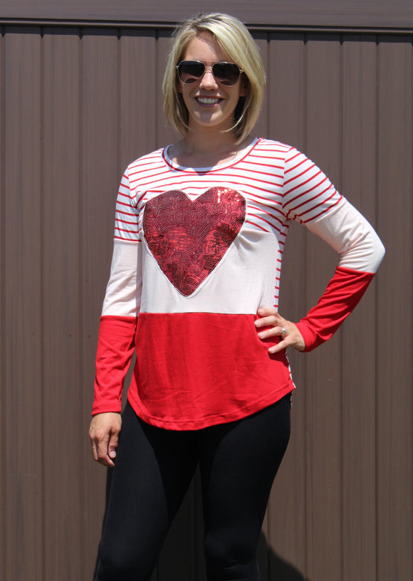 Red Heart Sequins Striped Long Sleeve Top