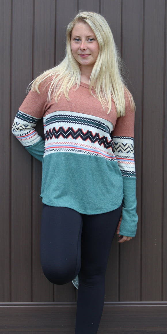 Marsala/Jade COLOR BLOCK LONG SLEEVE TOP