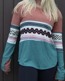 Marsala/Jade COLOR BLOCK LONG SLEEVE TOP