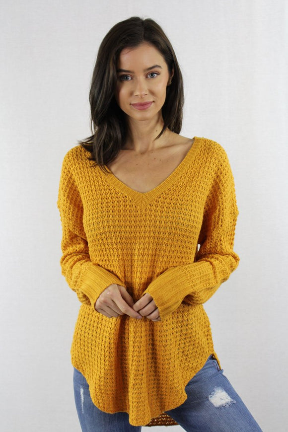 Mustard V Neck Knitted Sweater Top