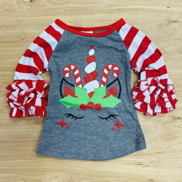 Candy Cane Striped Holiday Unicorn Ruffle Sleeve Tee (HOLIDAY 2021070012)