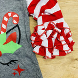 Candy Cane Striped Holiday Unicorn Ruffle Sleeve Tee (HOLIDAY 2021070012)