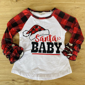 Santa Baby Buffalo Plaid Ruffle Sleeve Tee (HOLIDAY 2021070018)