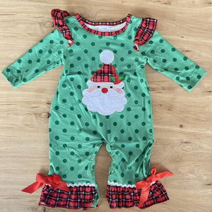 Green Santa Appliqued Polka Dot Ruffle Romper (HOLIDAY 2021070031)