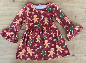 Gingerbread Man 'n Candy Canes Ruffle Sleeve Dress (HOLIDAY 2021070034)