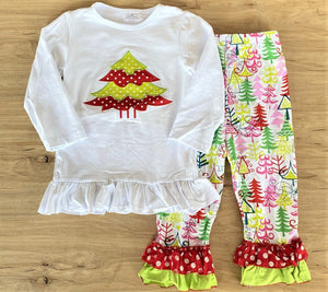 Polka Dot Trees Applique Ruffle Pants Outfit (HOLIDAY 2021070036)