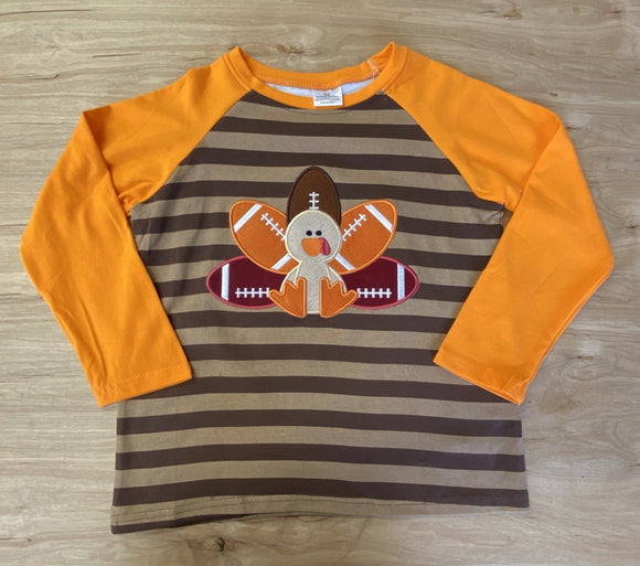 Orange 'n Brown Striped Turkey Football Appliqued Tee (Fall 2021071000)-sparkledots-sparkledots