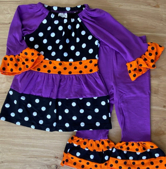 Happy Halloween Black/Purple/Orange Ruffle Dot Outfit (Fall 2021071014)