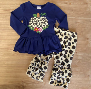 Navy Pumpkin Leopard Floral Deluxe Ruffle Pants Outfit (Fall 2021071018)