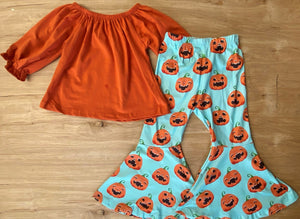 Orange Ruffled Top w/Happy Pumpkin Bell Bottoms (Fall 2021071020)