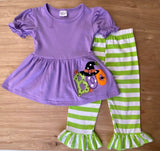 Purple Witch Applique BOO! Short Sleeve Ruffle Top with Striped Ruffle Pants (Fall 2021071021)