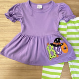 Purple Witch Applique BOO! Short Sleeve Ruffle Top with Striped Ruffle Pants (Fall 2021071021)