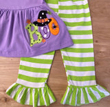 Purple Witch Applique BOO! Short Sleeve Ruffle Top with Striped Ruffle Pants (Fall 2021071021)