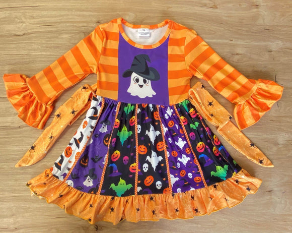 Orange Patchwork Ruffle Sleeve Halloween Dress (Fall 2021071022)