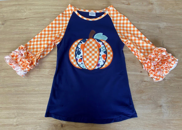 Navy Applique Pumpkin Top w/Orange 'n White Gingham Ruffle Sleeves (Fall 2021071026)