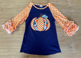 Navy Applique Pumpkin Top w/Orange 'n White Gingham Ruffle Sleeves (Fall 2021071026)