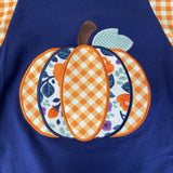 Navy Applique Pumpkin Top w/Orange 'n White Gingham Ruffle Sleeves (Fall 2021071026)