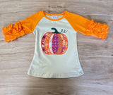 Cream Appliqued Pumpkin Top w/Orange Ruffled Sleeves (Fall 2021071027)