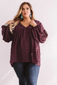 Wine Red V Neck Lantern Sleeve Swiss Dot Plus Size Blouse