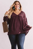 Wine Red V Neck Lantern Sleeve Swiss Dot Plus Size Blouse