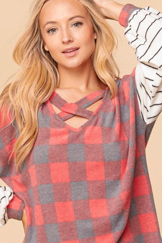 Plaid Criss Cross Stripe Sleeve Pullover