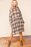 Taupe Plaid Cowlneck Pocketed Babydoll Dress